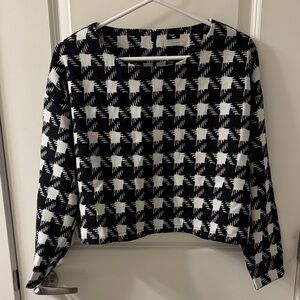 Luna Black and White Houndstooth Pattern Long Sleeve Office Work Career Top